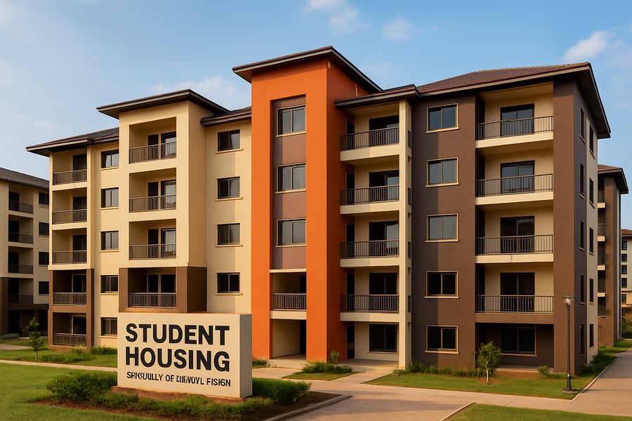 Modern student housing exterior at University of Ghana, Legon